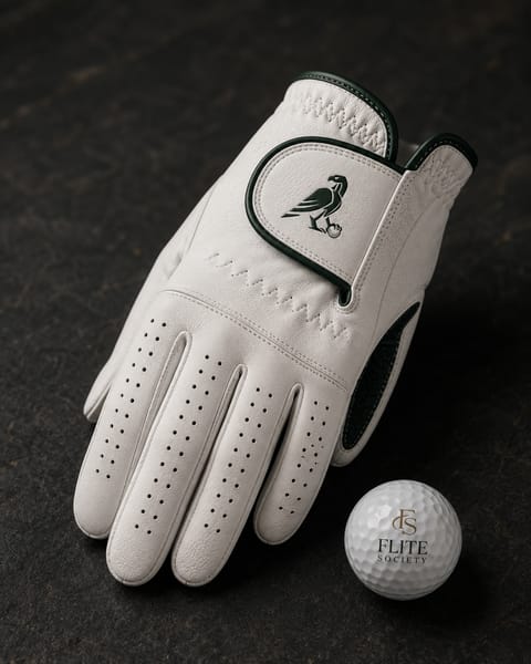 A white leather glove with dark green trim and the eagle mark, beside a Flite Society golf ball.