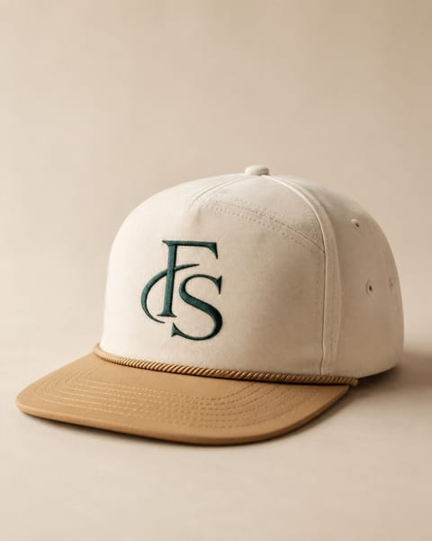 A cream rope hat with a tan brim and the dark green FS monogram.