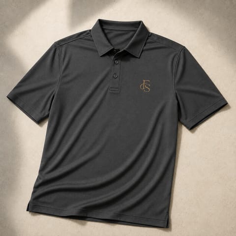 A charcoal performance polo with a small gold FS monogram at the chest.
