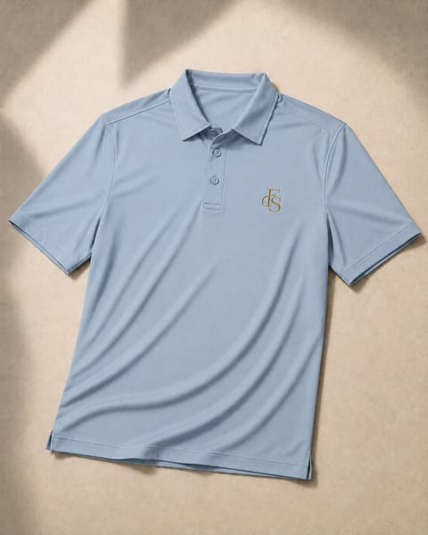 A powder blue performance polo with a small gold FS monogram at the chest.